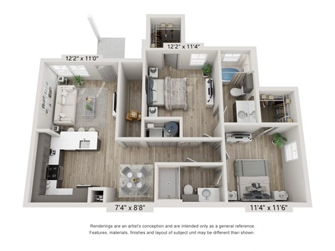 Floor plan for 2 beds, 2 baths, 987 sqft